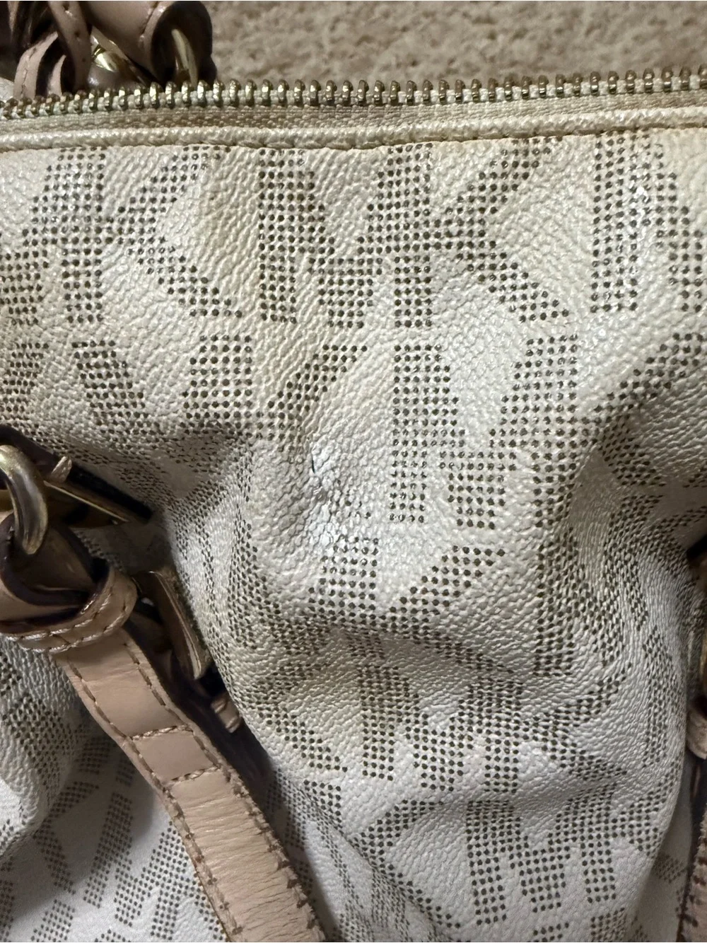 Michael Kors Cream Logo Satchel with Tan Leather Trim